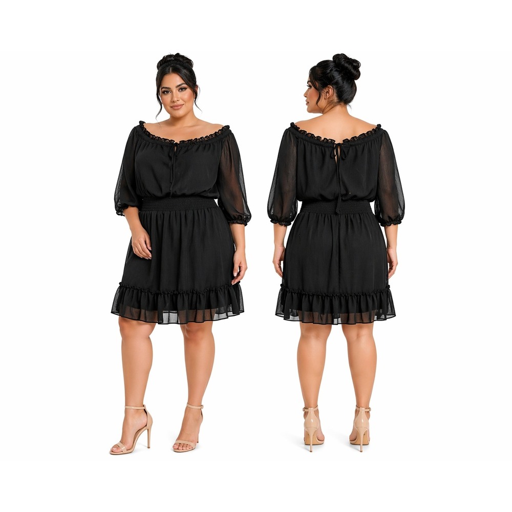 Sam and Jess Black Off Shoulder Smocked Waist Chiffon Mini Dress XL Womens